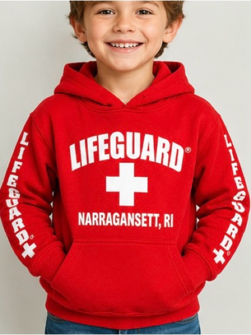 Lifeguard Narragansett RI Kids Red Hoodie Sweatshirt Size 7/8 youth